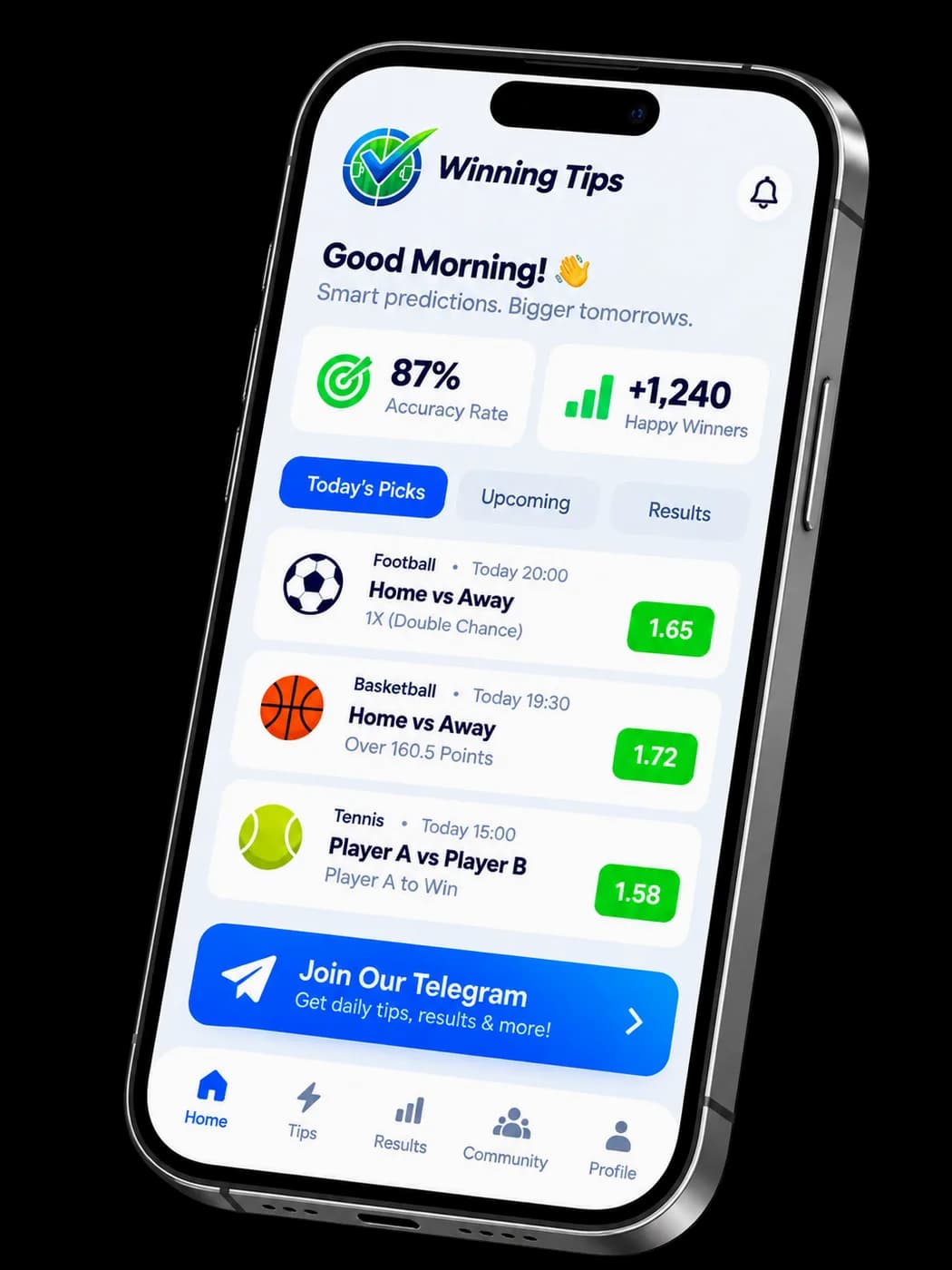 Illustrative Winning Tips app preview. Sample figures are not live performance.